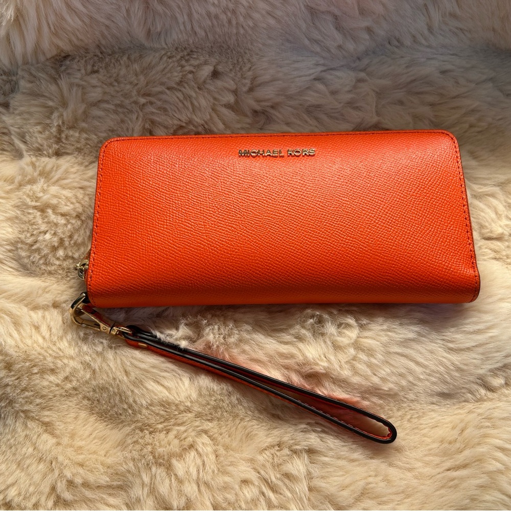 Michael Kors Orange Saffiano Zip Wallet Wristlet